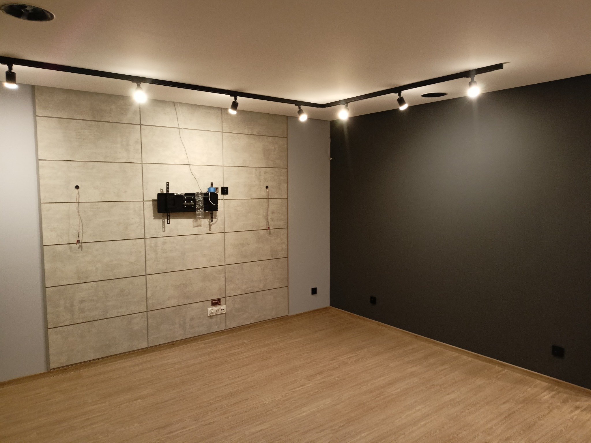 Nowoczesne wnętrze z panelami ściennymi, oświetleniem szynowym i drewnianą podłogą. Na ścianie uchwyt na telewizor i gniazdka elektryczne.