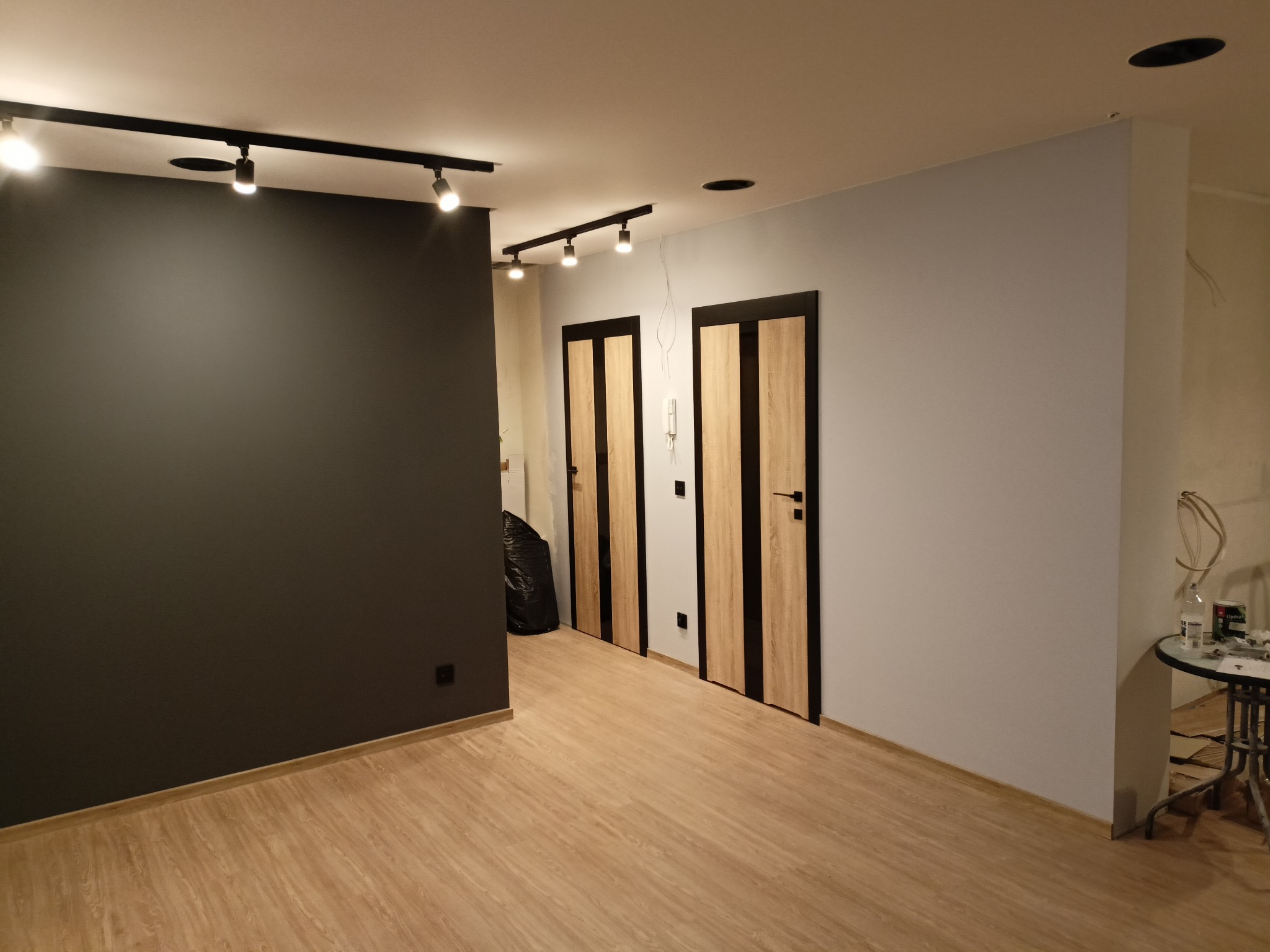 Nowoczesne wnętrze po remoncie: drewniana podłoga, szara ściana, czarne oświetlenie szynowe i dwoje drzwi z czarnymi ramami i drewnianym wypełnieniem.