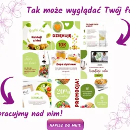 Wizualizacja atrakcyjnego feedu na Instagramie z elementami graficznymi dotyczącymi zdrowego odżywiania, przepisów kulinarnych, konsultacji dietetycznych i promocji, z fioletowymi strzałkami...