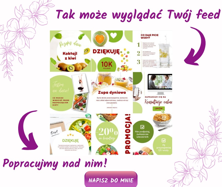 Wizualizacja atrakcyjnego feedu na Instagramie z elementami graficznymi dotyczącymi zdrowego odżywiania, przepisów kulinarnych, konsultacji dietetycznych i promocji, z fioletowymi strzałkami...