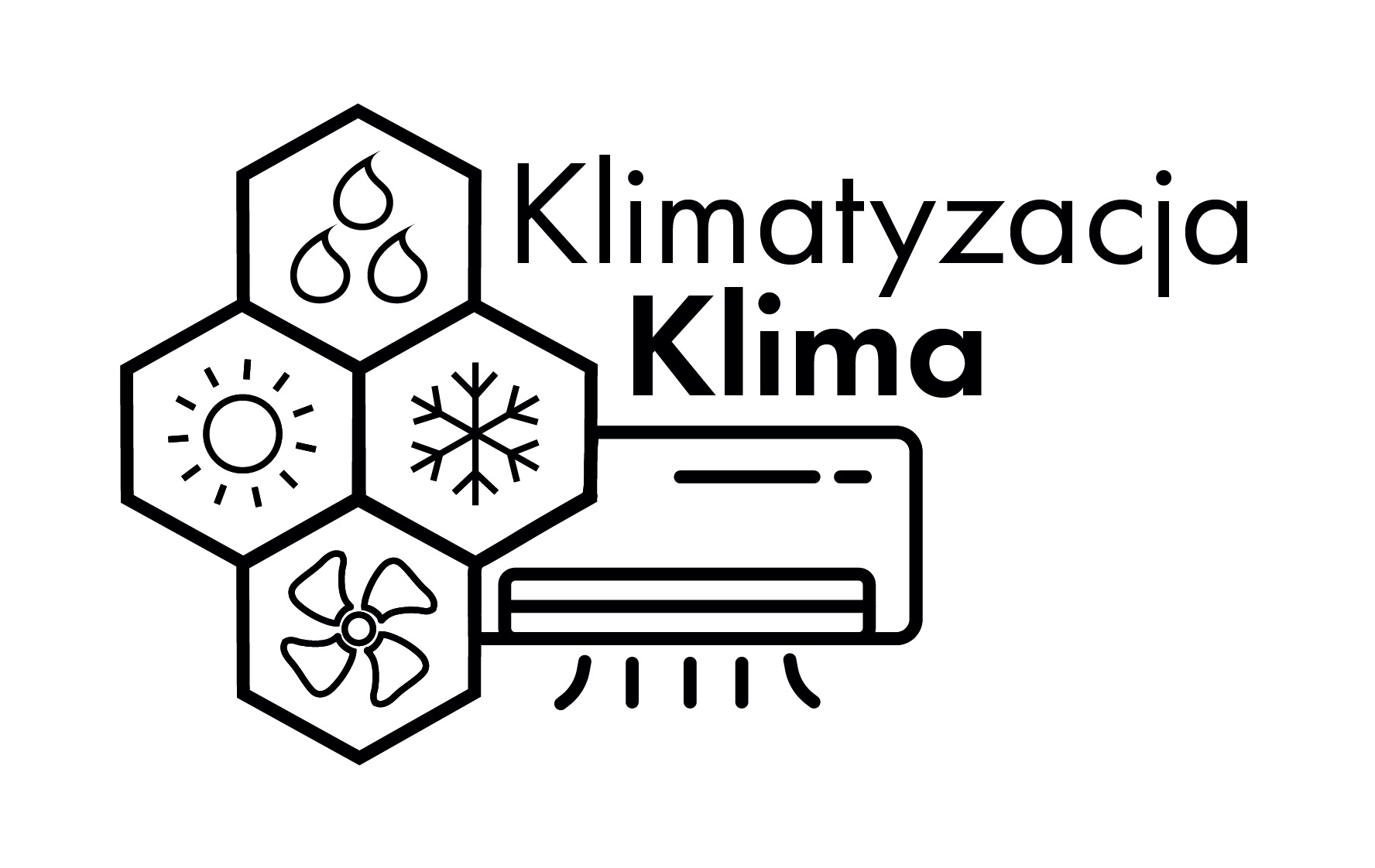 Logo firmy z Tumlin-Wykień przedstawiające schematycznie klimatyzator, słońce, krople wody, wiatrak i śnieżynkę, z napisem 'Klimatyzacja Klima'.