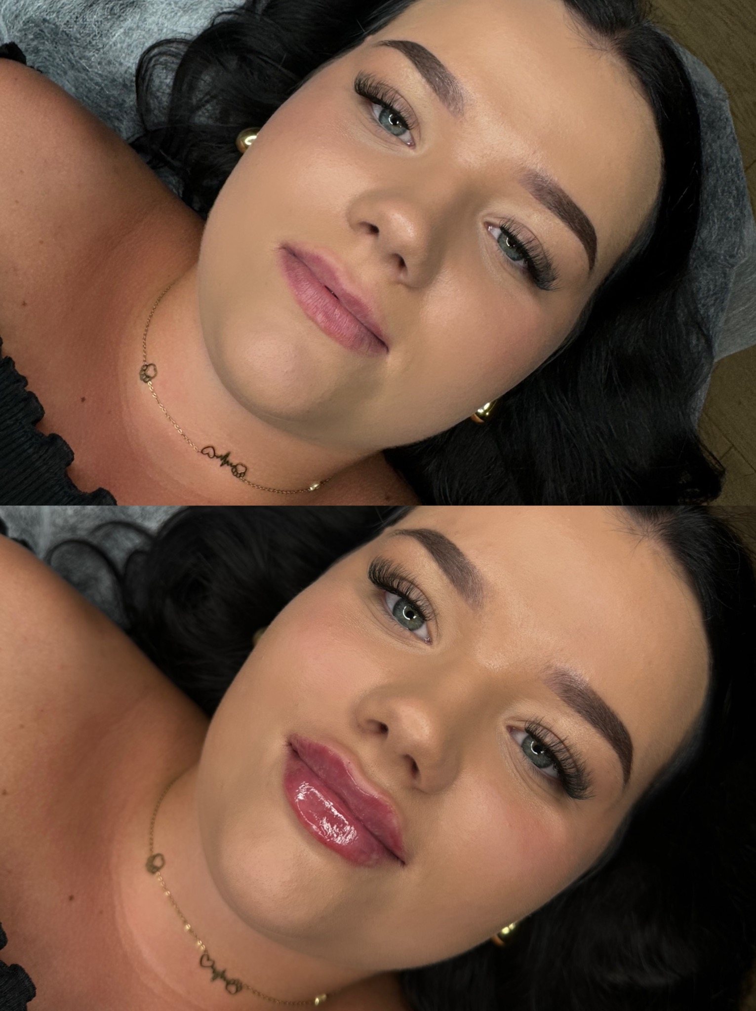 Zdjęcie 'przed i po' makijażu permanentnego ust i brwi, prezentujące różnicę w kolorze i kształcie. Widoczna złota biżuteria na szyi modelki.