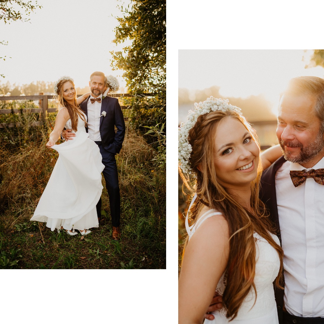 Para młoda w naturalnym otoczeniu: panna młoda w zwiewnej sukni i wianku z gipsówki, pan młody w granatowym garniturze i drewnianej muszce, ciepłe światło zachodzącego słońca.