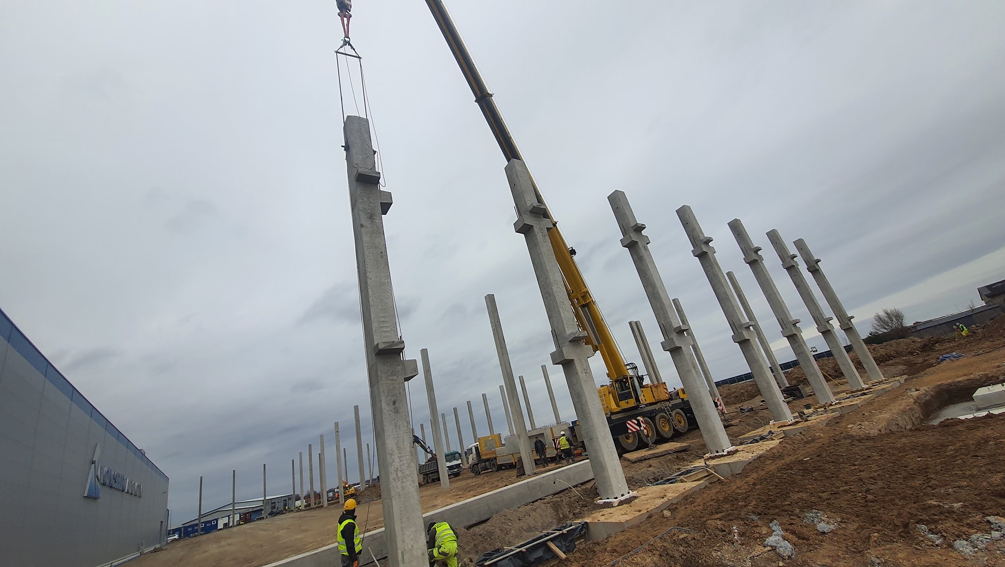 Montaż prefabrykowanych słupów żelbetowych na placu budowy z użyciem żółtego dźwigu samochodowego, widoczne zbrojenia i pracownicy w odblaskowych kamizelkach.