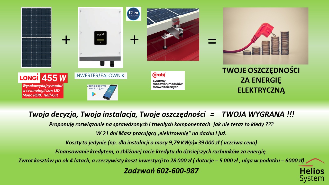 Grafika informacyjna prezentująca komponenty instalacji fotowoltaicznej: panel Longi 455W, inwerter Fox, system montażowy Orab, oraz wizualizację oszczędności w postaci wtyczki i rosnących słupków...