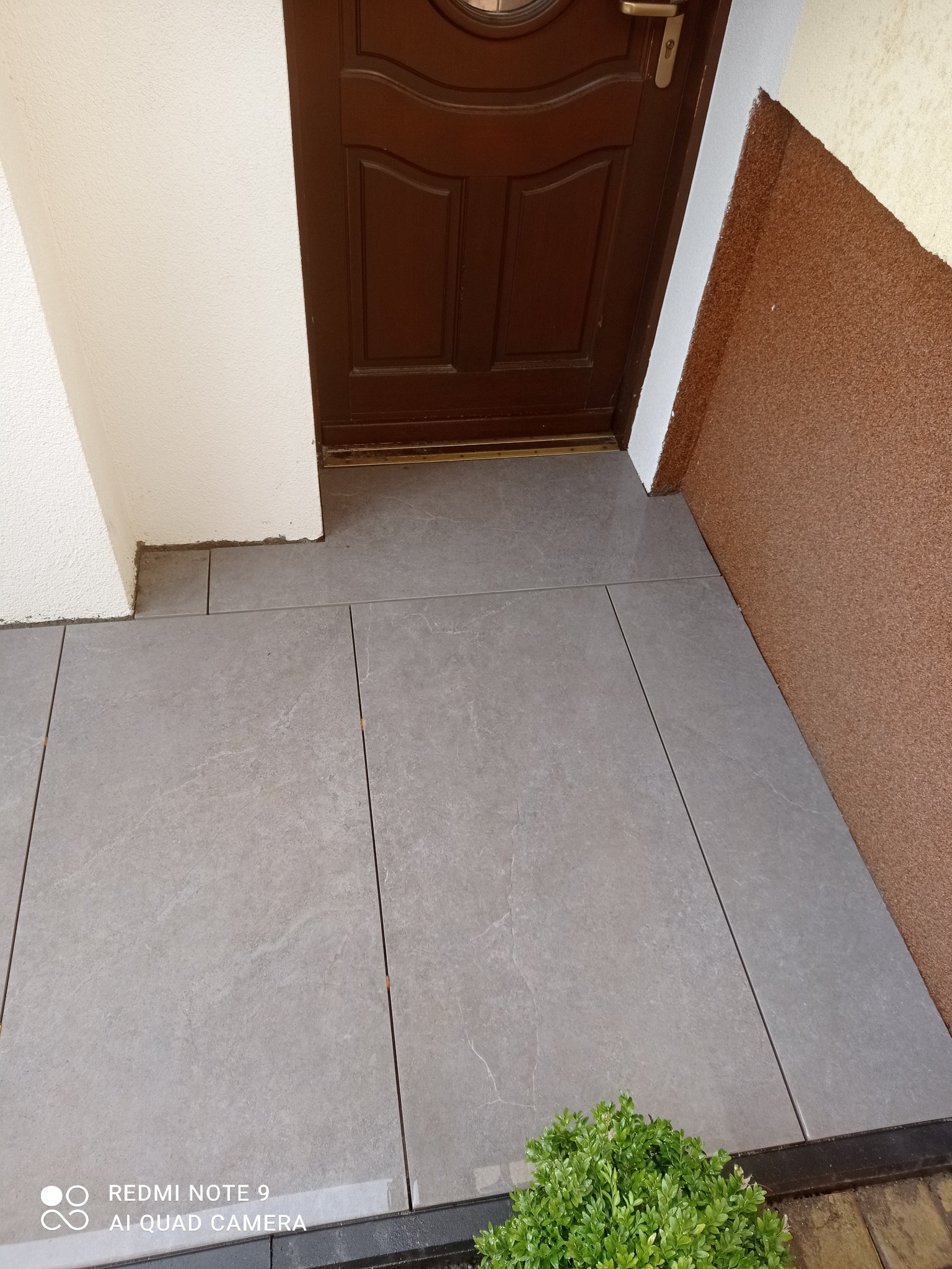 Szare płytki ułożone przed brązowymi drzwiami wejściowymi, z widocznym fragmentem elewacji w kolorze kremowym i brązowym. Mały krzew przy krawędzi płytek.