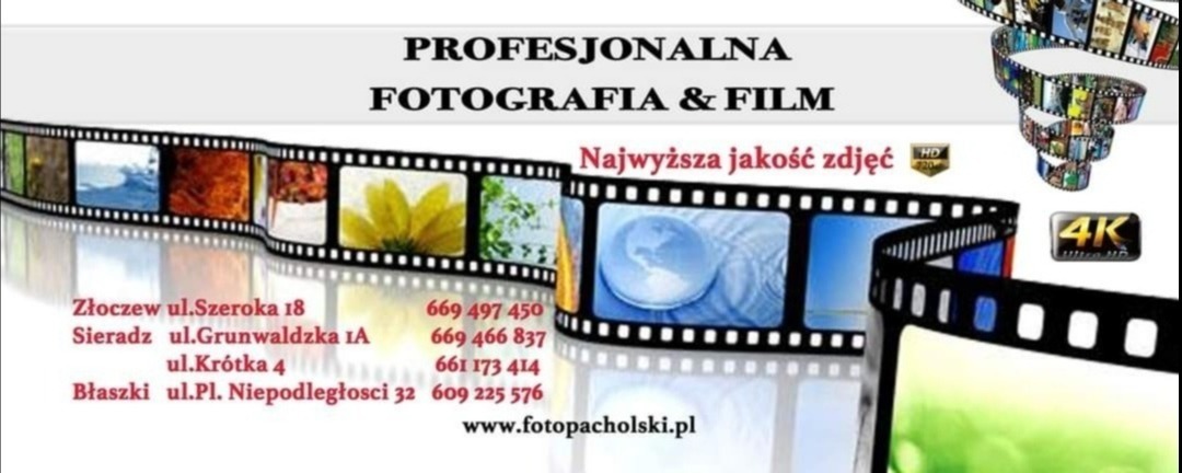 Profesjonalne logo firmy fotograficzno-filmowej z adresem, numerami telefonów i adresem strony internetowej, otoczone motywami taśmy filmowej z różnymi zdjęciami i oznaczeniami HD i 4K.