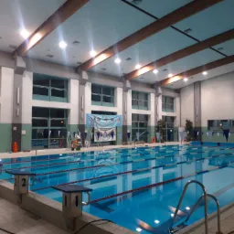 Wnętrze hali basenowej z oknami, na których stoi drabina z banerem. Widoczne niebieskie tory pływackie i słupki startowe.