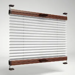 Plisowana roleta okienna w kolorze białym z brązowymi elementami montażowymi, widok z przodu na jednolitym jasnym tle.