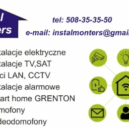 Logo firmy Instal Monters z numerem telefonu, adresem e-mail oraz listą usług: instalacje elektryczne, TV/SAT, sieci LAN/CCTV, instalacje alarmowe, smart home, domofony i wideodomofony, uzupełnione...