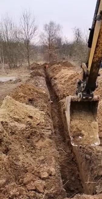 Żółta koparka w trakcie wykonywania wąskiego wykopu w ziemi, widoczne wystające korzenie w ścianach wykopu, w tle drzewa bez liści pod pochmurnym niebem.