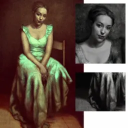 Portret kobiety w zielonej sukni, siedzącej na krześle, z detalami twarzy i draperii sukni w czerni i bieli, stylizowany na dawne malarstwo.