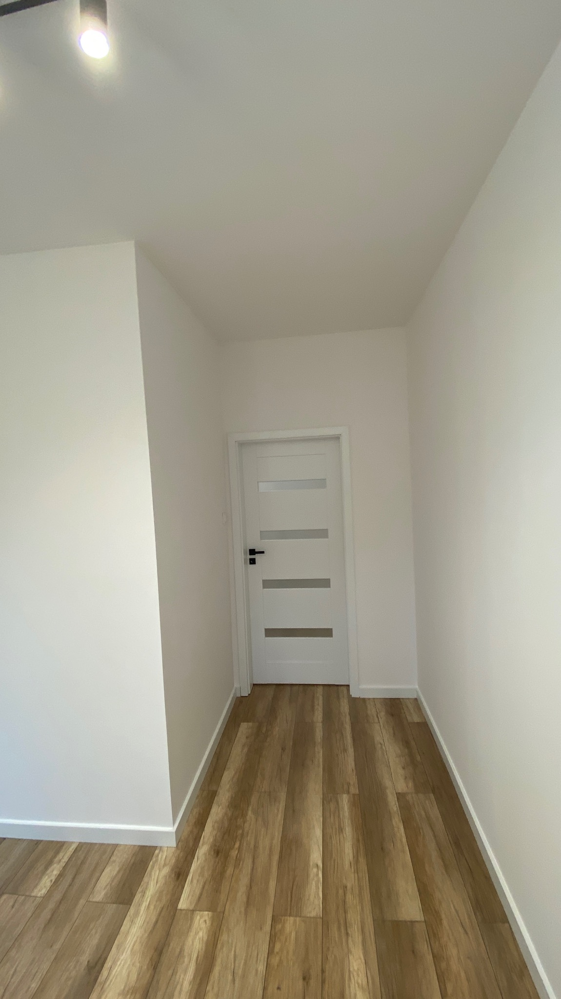 Wnętrze korytarza z drewnopodobną podłogą, białą ścianą i białą, nowoczesną stolarką drzwiową z poziomymi przeszkleniami.