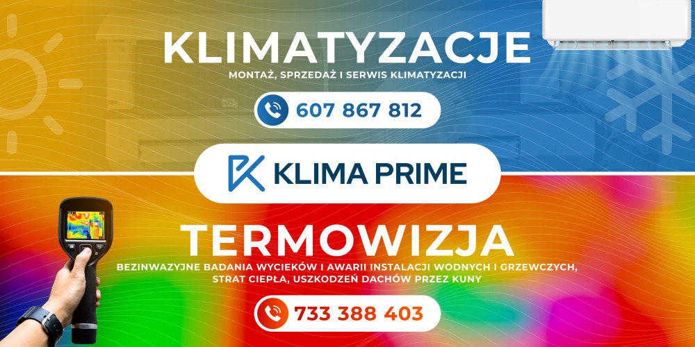 Reklama firmy Klima Prime oferującej klimatyzację i termowizję; widoczny klimatyzator, termowizor w dłoni, numery telefonów.