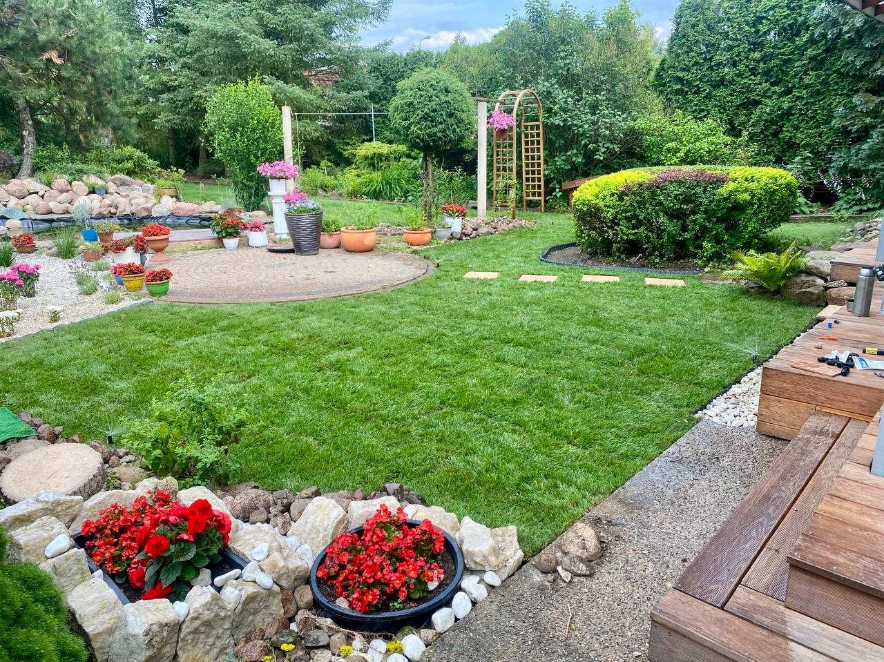 Zadbany trawnik w ogrodzie z rabatami kwiatowymi, oczkiem wodnym i elementami architektury ogrodowej. Widoczny system nawadniania trawnika w trakcie pracy.