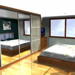 Wizualizacja sypialni z dużą szafą przesuwną z lustrzanymi drzwiami, odbijającą wnętrze pokoju z dwoma łóżkami, telewizorem i komodą.