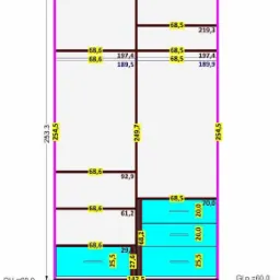 Schemat techniczny szafy z wymiarami, widok z przodu, z zaznaczonymi półkami i szufladami na niebiesko.