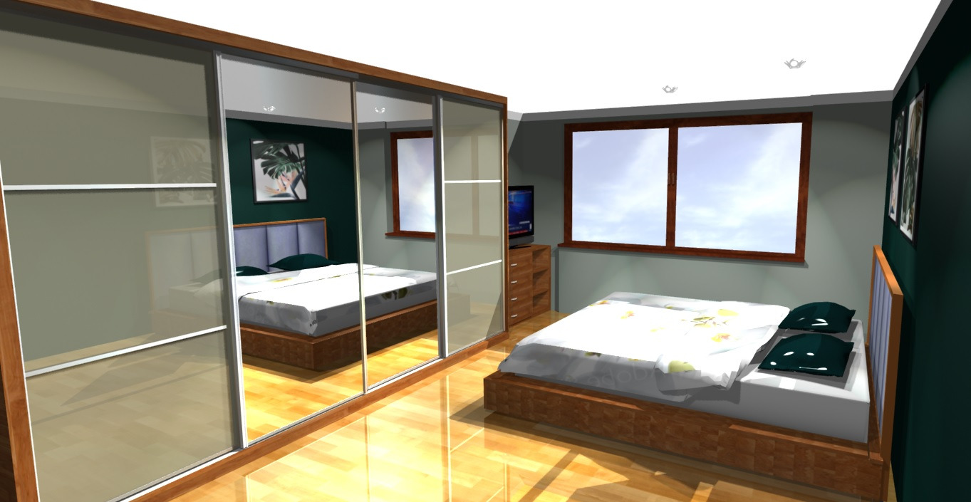 Wizualizacja sypialni z dużą szafą przesuwną z lustrzanymi drzwiami, odbijającą wnętrze pokoju z dwoma łóżkami, telewizorem i komodą.