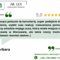 Grafika z pozytywną opinią klientki Barbary o kancelarii prawnej AB LEX, z oceną 5 gwiazdek, podkreślającą super podejście do klienta, szybki czas reakcji i pomoc przy szkodzie auta, z informacją...