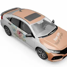 Widok z góry na samochód z grafiką kwiatową na boku i napisem 'Your life Your style' na masce w kolorze brzoskwiniowym.