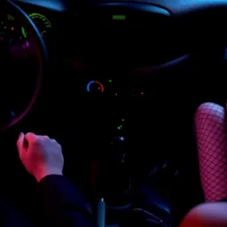 Wnętrze samochodu nocą, podświetlone neonowym światłem, widoczne dłonie kierowcy na kierownicy i nogi pasażerki w kabaretkach.