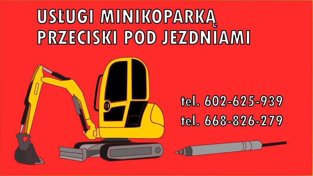 Grafika wektorowa przedstawiająca minikoparkę i narzędzie do przecisków pod jezdniami, z informacją o usługach i numerami telefonów na czerwonym tle.