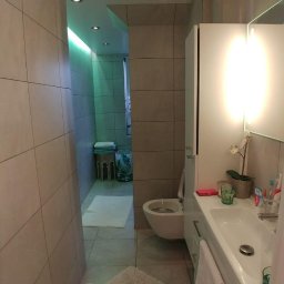 ANDRZEJ BAMBERSKI BYGGESERVICE - Wąska łazienka z beżowymi płytkami, oświetleniem punktowym i małym psem rasy Jack Russell Terrier leżącym na puszystym dywaniku przed toaletą i umywalką.