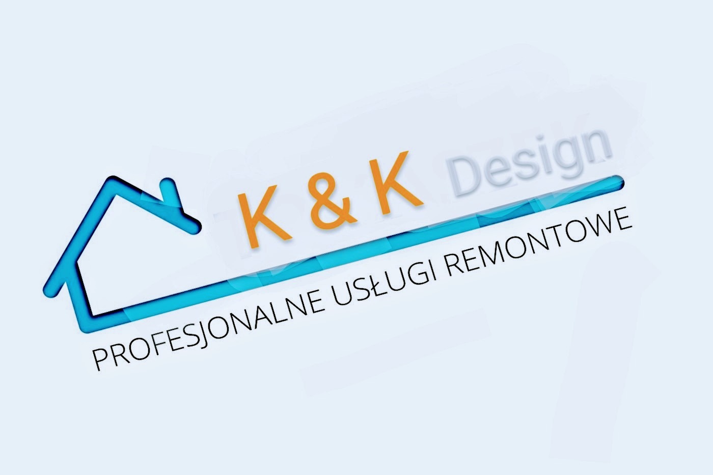 Logo firmy K&K Design oferującej profesjonalne usługi remontowe, z motywem domu w kolorze niebieskim i pomarańczowymi literami K&K.