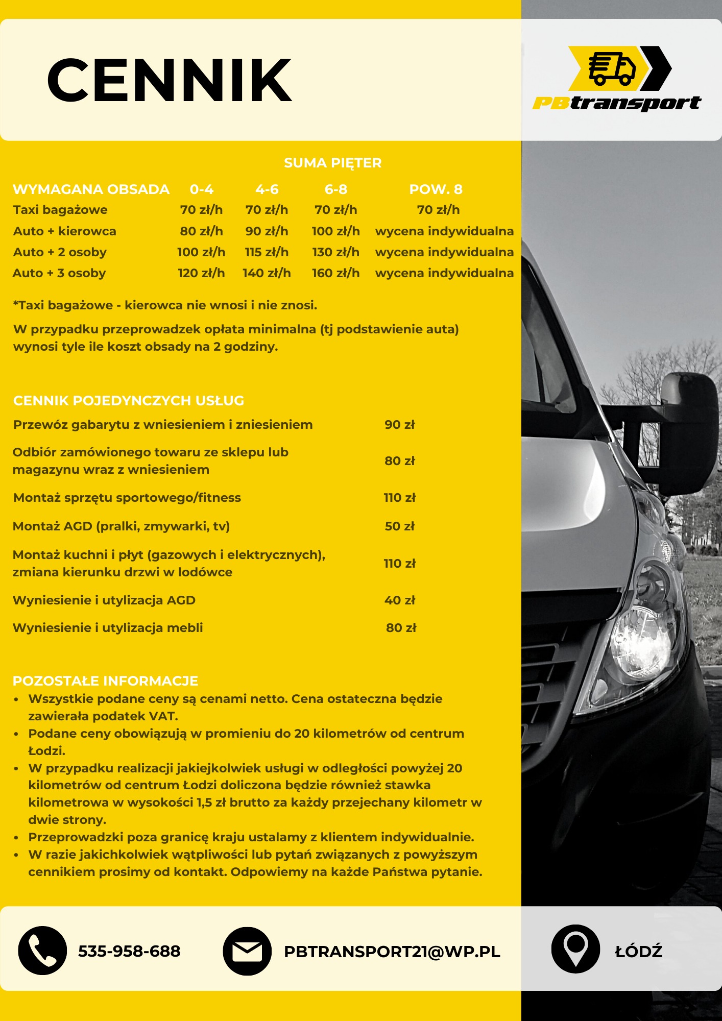 Cennik usług firmy transportowej PBtransport z Łodzi, obejmujący przewóz gabarytów, montaż AGD i mebli, z wyszczególnionymi cenami za różne warianty obsady i odległości od centrum miasta. Częściowo...