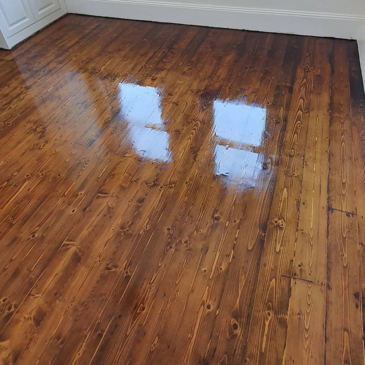 Lakierowana drewniana podłoga z widocznymi promieniami światła odbijającymi się od powierzchni, ukazująca naturalne usłojenie drewna i ciemniejsze krawędzie desek.