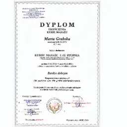 Skan dyplomu ukończenia kursu masażu na nazwisko Marta Grabska, wydany przez Akademię Rozwoju Zawodowego Medica w Warszawie, z datą 09.05.2021, potwierdzający ukończenie kursu masażu I i II stopnia.