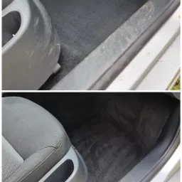 Porównanie: dywanik samochodowy po lewej stronie brudny, po prawej wyczyszczony, widoczna różnica w odcieniu i brak zabrudzeń.