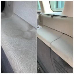 Tapicerka samochodowa przed i po czyszczeniu: widoczna różnica w odcieniu i usunięcie plamy na szarym materiale.