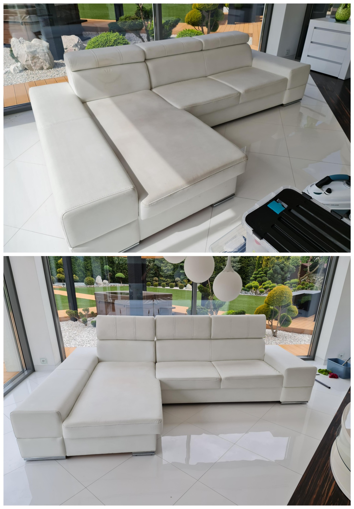 Biała, modułowa sofa narożna z widocznymi plamami przed czyszczeniem, na tle dużego okna z widokiem na zadbany ogród, w pomieszczeniu z błyszczącą, jasną podłogą. Obok sofy widoczne akcesoria...