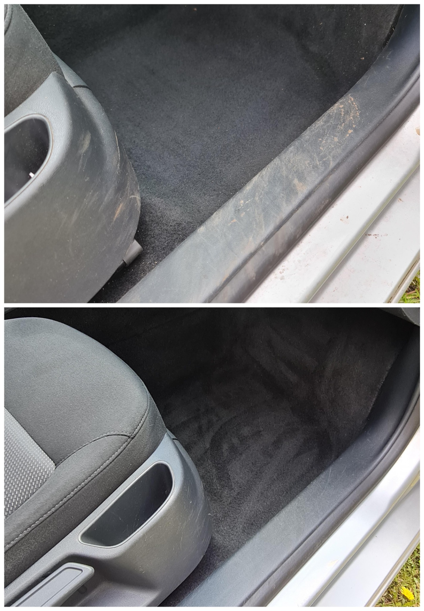 Porównanie: dywanik samochodowy po lewej stronie brudny, po prawej wyczyszczony, widoczna różnica w odcieniu i brak zabrudzeń.