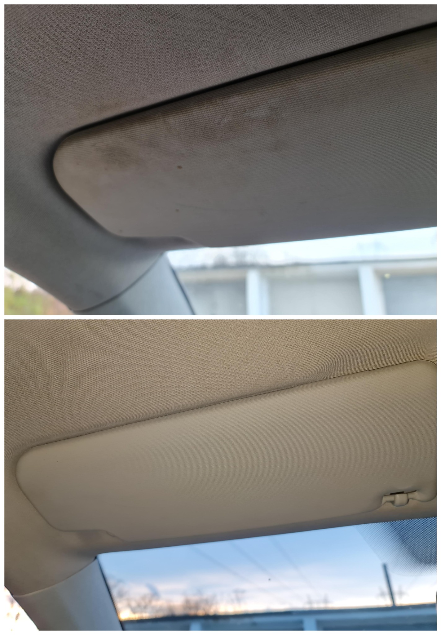 Porównanie: osłona przeciwsłoneczna w samochodzie przed i po czyszczeniu, widoczne usunięte zabrudzenia i plamy na materiale.