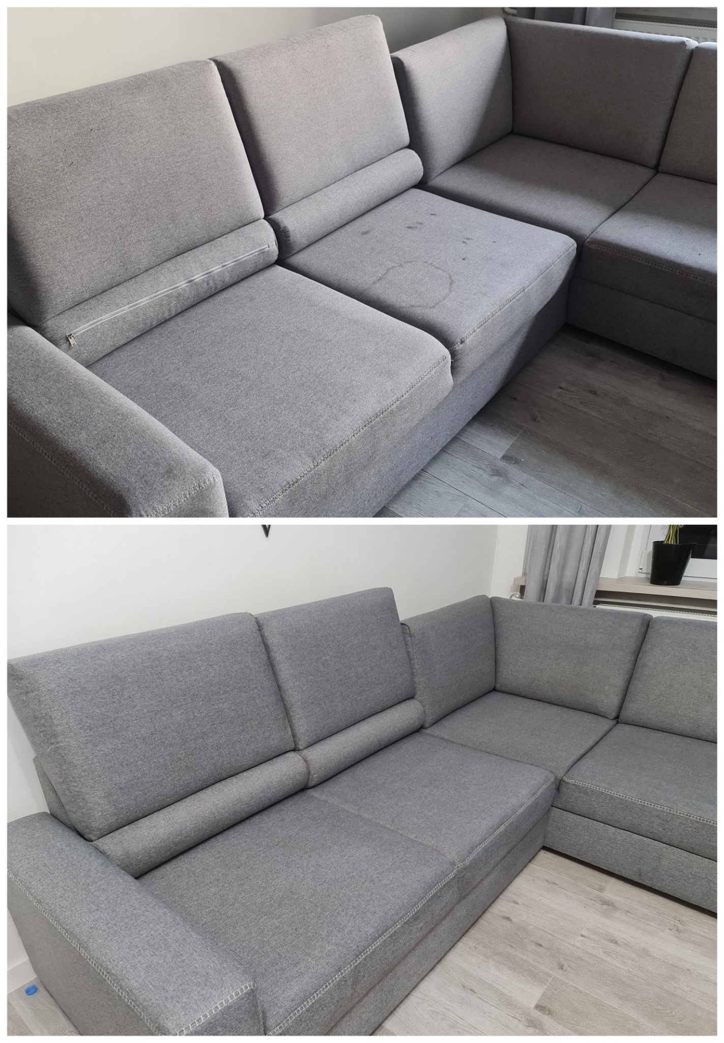 Porównanie: Szara, narożna kanapa przed i po czyszczeniu. Widoczne plamy na siedzisku przed czyszczeniem, które zniknęły po zabiegu. Jasne panele podłogowe w tle.