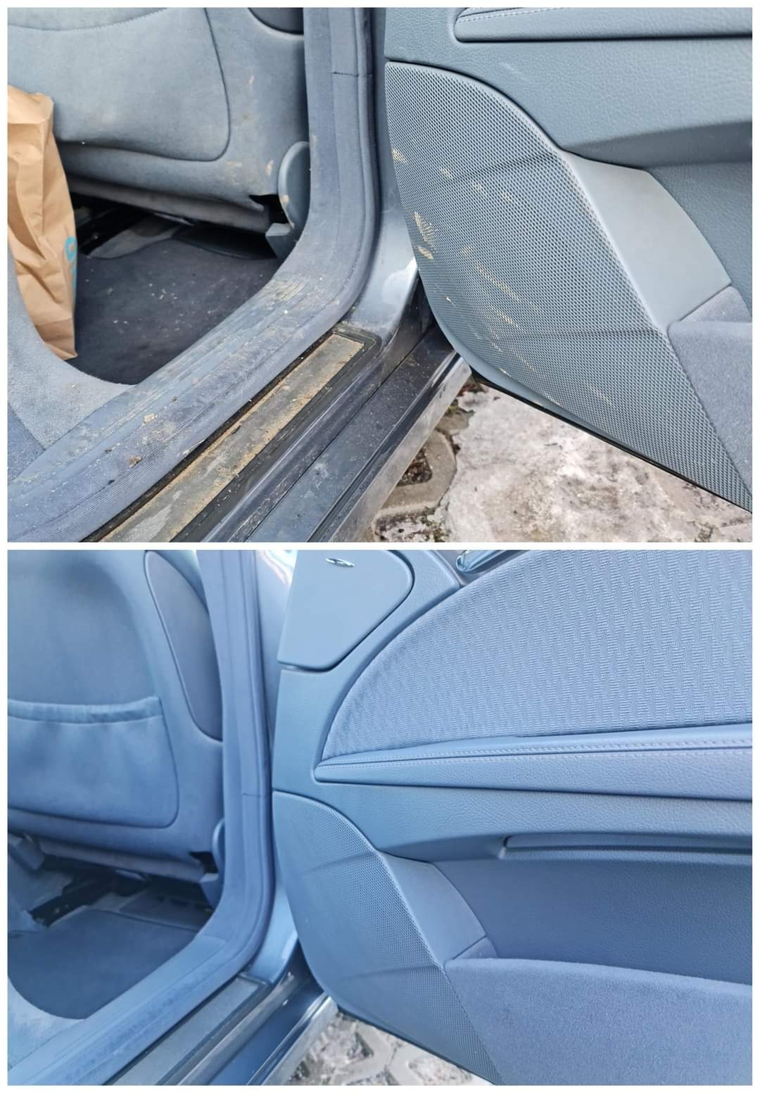 Porównanie: Fragment wnętrza samochodu przed i po czyszczeniu, widoczny próg, tapicerka drzwi i fragment fotela.