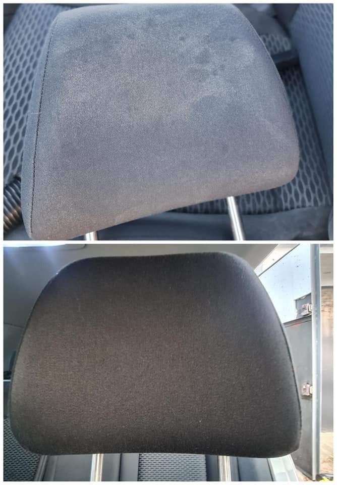 Tapicerka zagłówka samochodowego przed i po czyszczeniu, widoczne różnice w odcieniu i usunięcie zabrudzeń.
