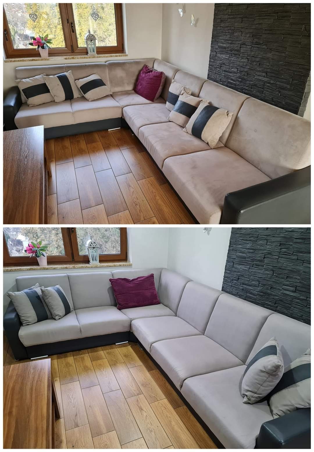 Dwa ujęcia narożnika: beżowy z poduszkami w salonie z drewnianą podłogą i kamienną ścianą oraz szary narożnik z fioletową poduszką obok okna z kwiatami.