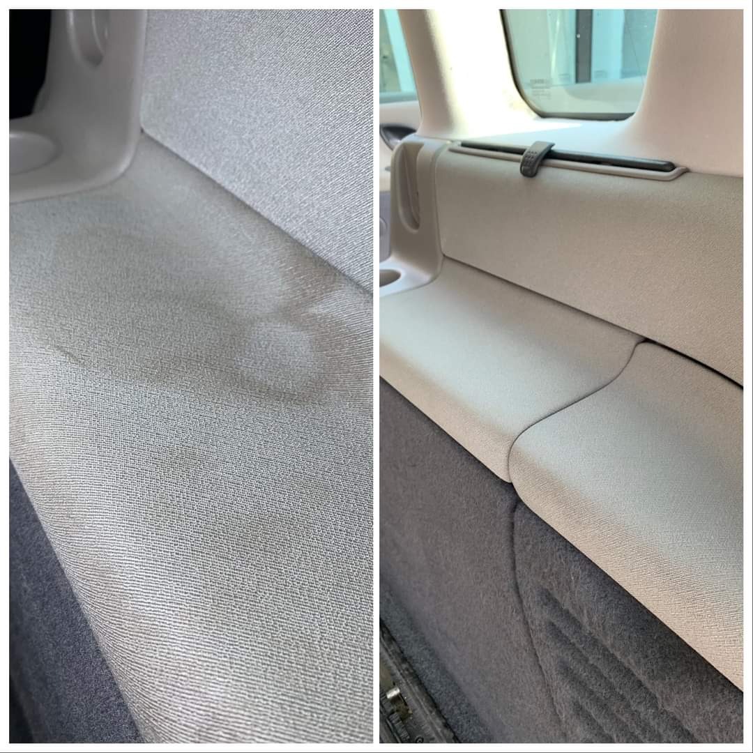 Tapicerka samochodowa przed i po czyszczeniu: widoczna różnica w odcieniu i usunięcie plamy na szarym materiale.