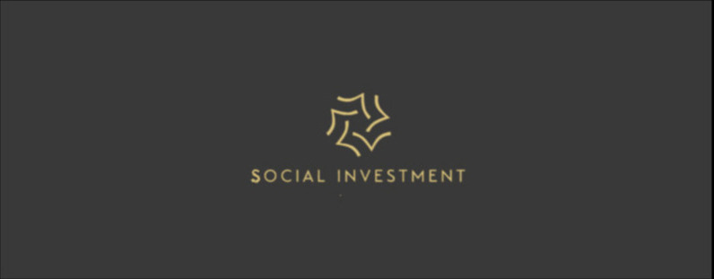 Logo firmy Social Investment z abstrakcyjnym symbolem w kolorze złotym na ciemnoszarym tle.