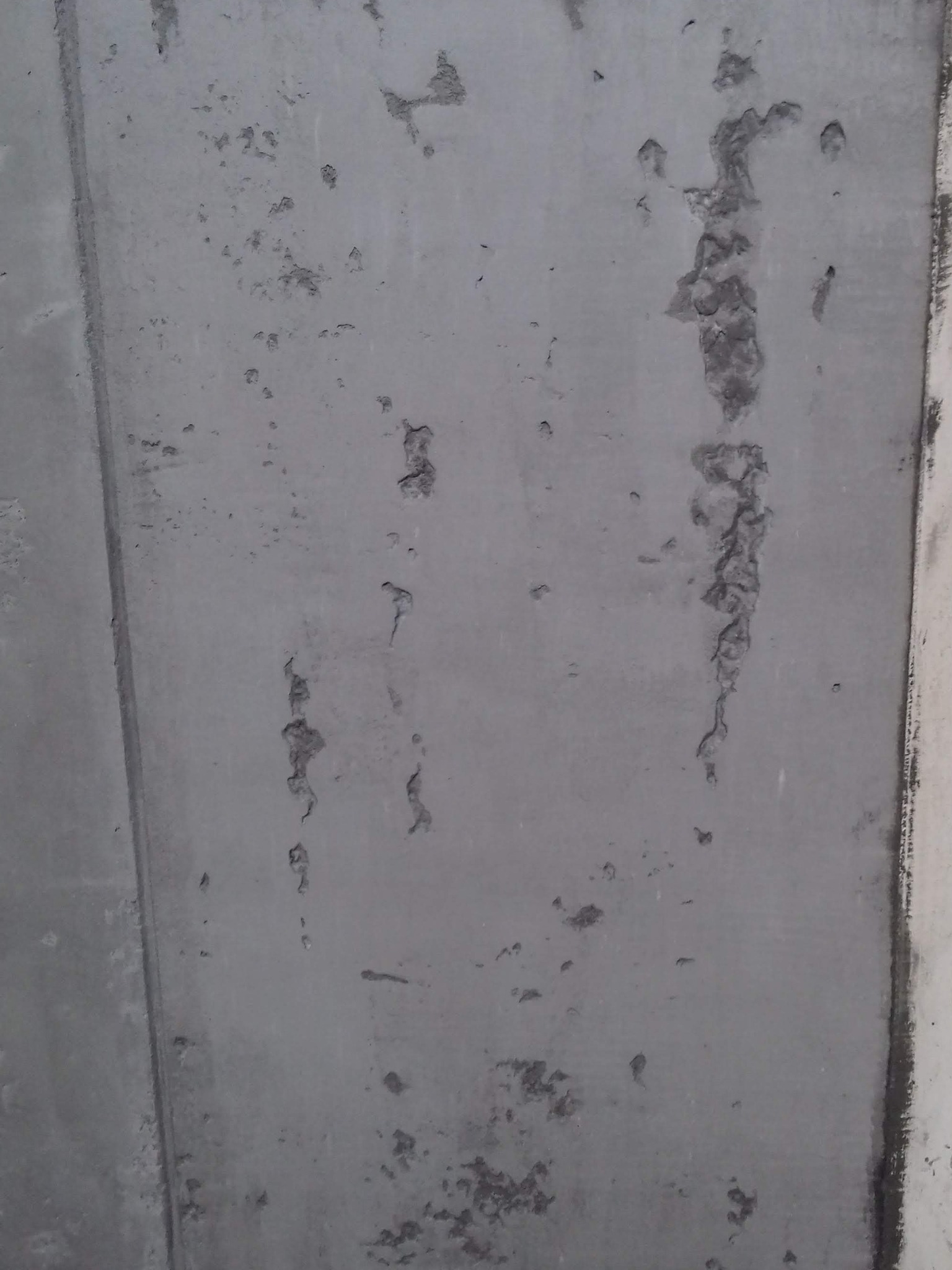 Surowa, szara ściana z betonu z widocznymi ubytkami i niedoskonałościami powierzchni, ukazująca strukturę materiału przed wykończeniem.