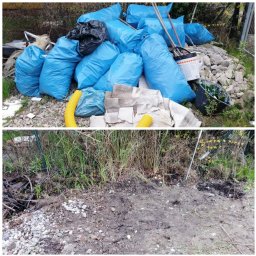 WasteSystem - Dwie części zdjęcia przedstawiające: górna - stertę niebieskich worków z odpadami, gruz, rury i wiadro z butelkami; dolna - oczyszczony teren po usunięciu odpadów, z widoczną ziemią i resztkami...