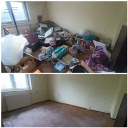 Pokój przed i po: zagracony pokój z różnymi przedmiotami, w tym pudełkami, zabawkami, parasolem, a następnie ten sam pokój po usunięciu zawartości, ukazujący puste ściany i podłogę.