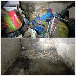 WasteSystem - Piwnica przed i po opróżnianiu: górna część zdjęcia przedstawia zagracone pomieszczenie z workami, kartonami i suszarką na ubrania, dolna część ukazuje puste, zabrudzone pomieszczenie z resztkami...