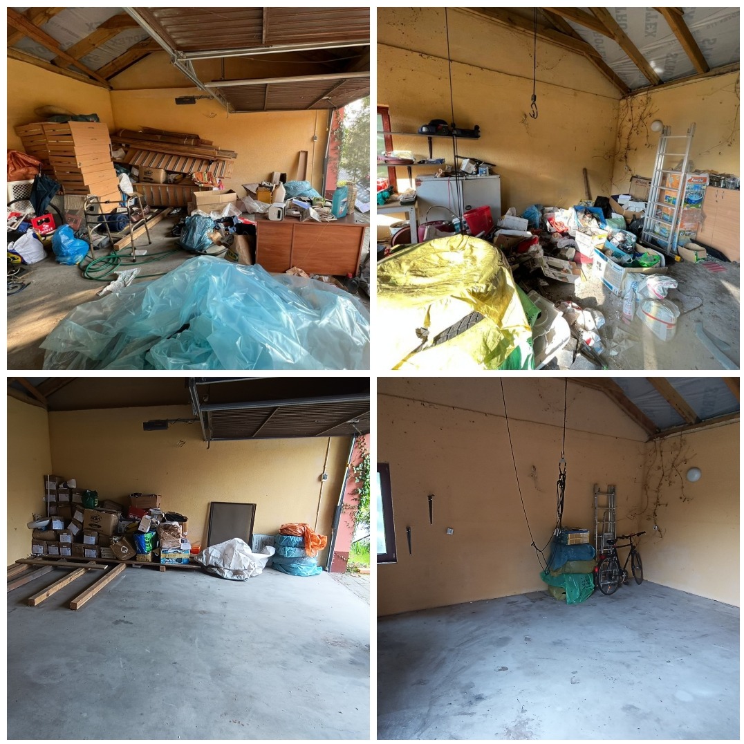 Cztery kadry garażu przed i po opróżnianiu, z widocznymi meblami, sprzętami AGD i workami na śmieci przed oraz pustym garażem po.