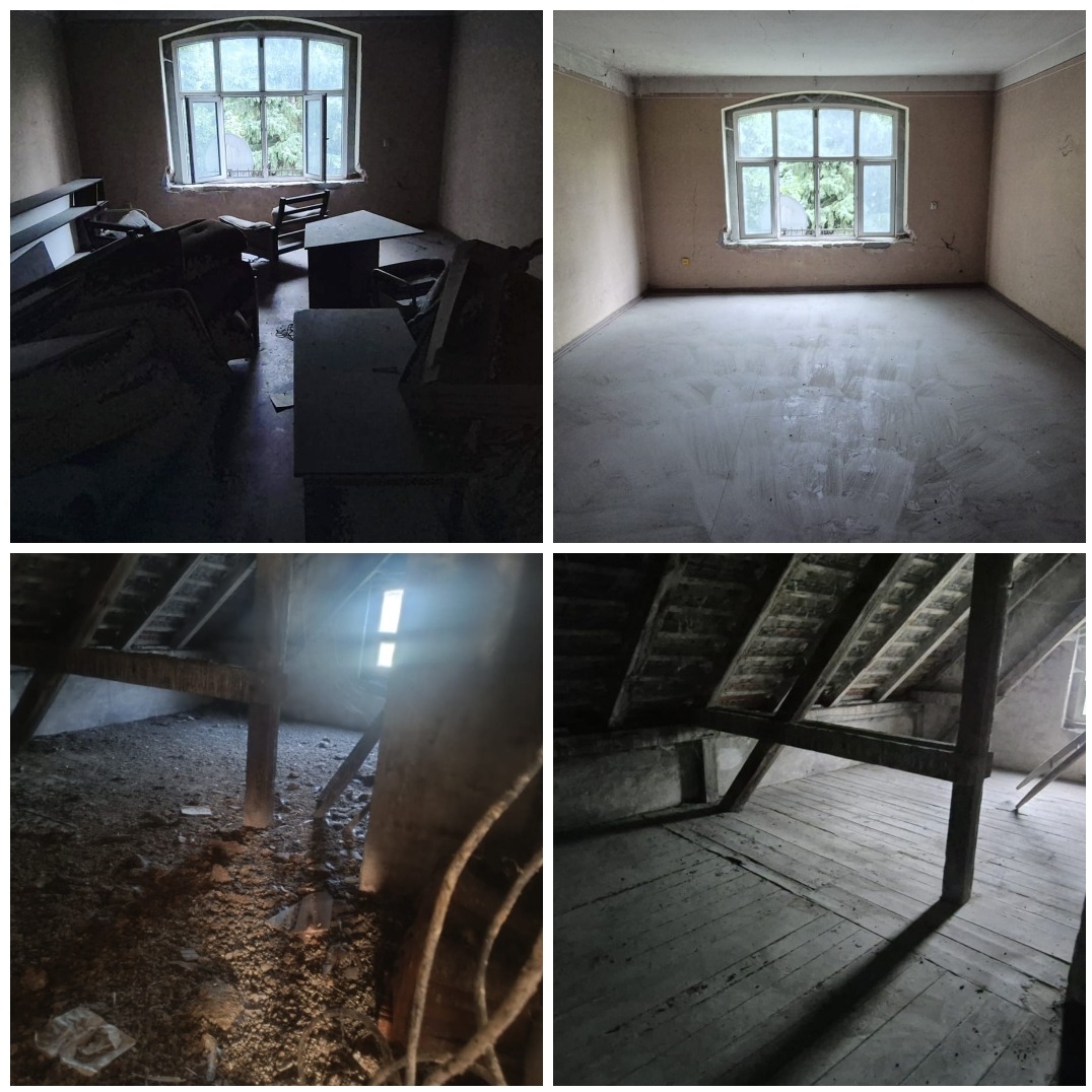 Kolaż czterech zdjęć: pokój z meblami przed opróżnianiem, pokój po opróżnianiu, poddasze z gruzem i poddasze z drewnianą podłogą po sprzątaniu, ukazujące postęp prac.