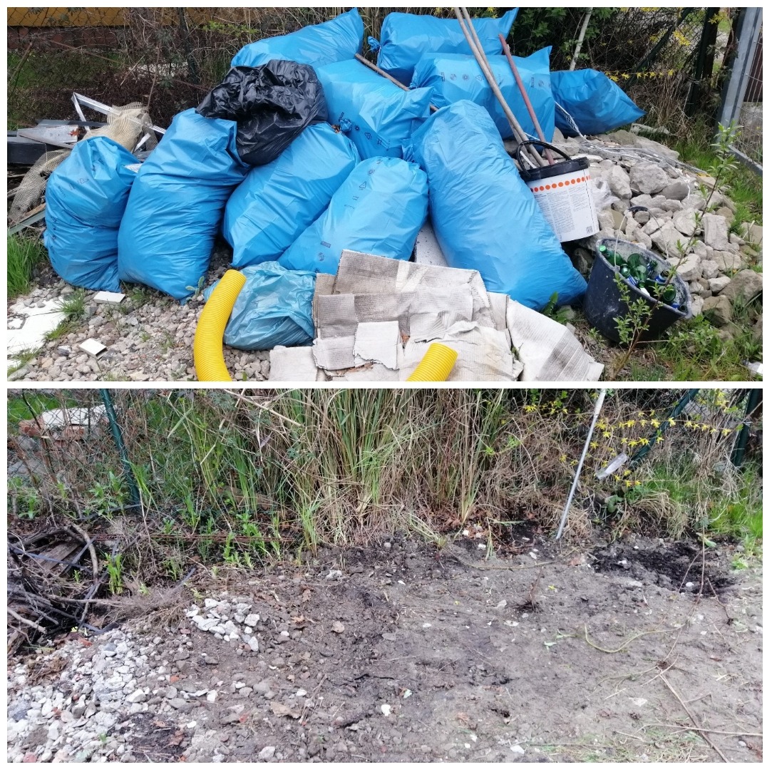 Dwie części zdjęcia przedstawiające: górna - stertę niebieskich worków z odpadami, gruz, rury i wiadro z butelkami; dolna - oczyszczony teren po usunięciu odpadów, z widoczną ziemią i resztkami...
