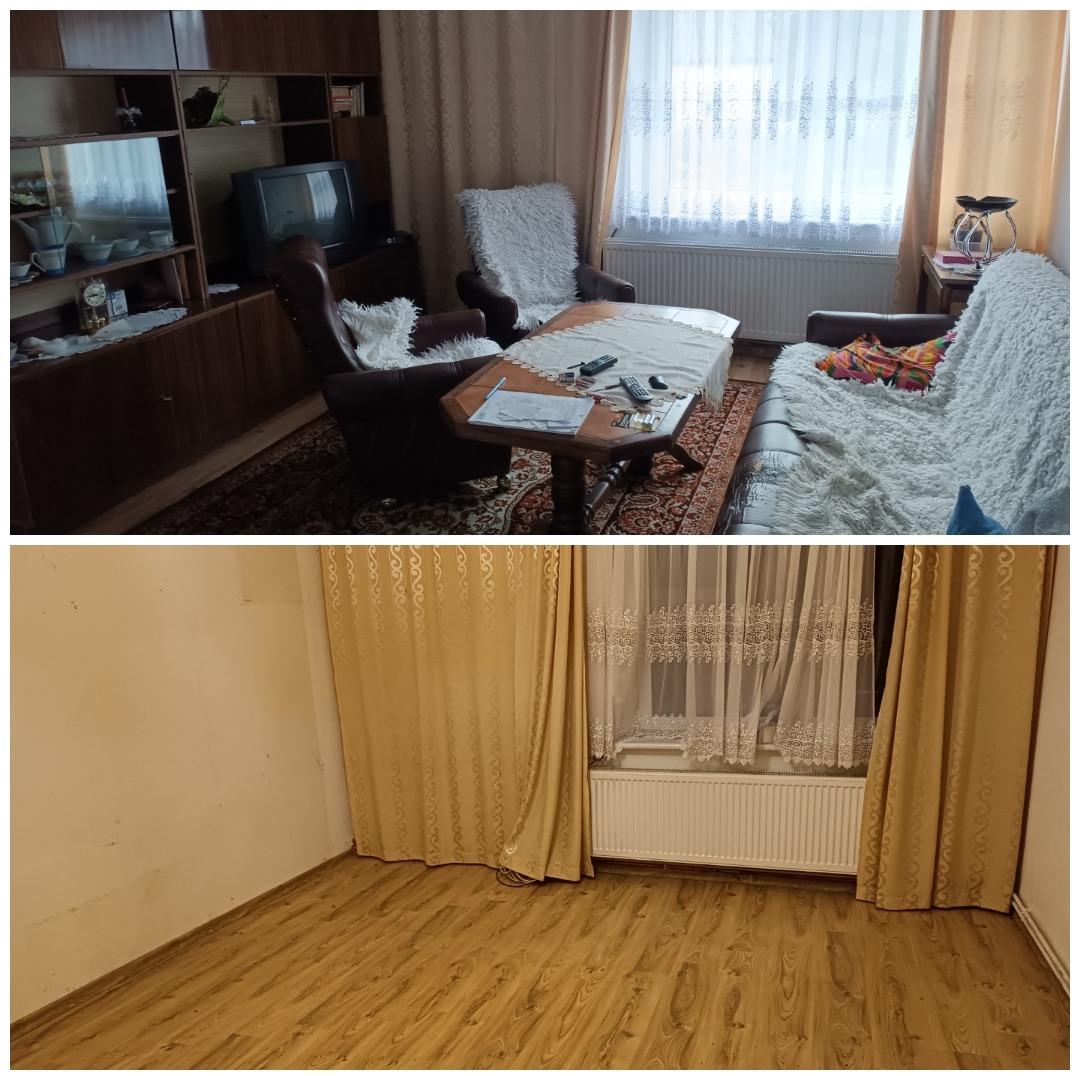 Zdjęcie przedstawia pokój przed i po opróżnieniu. Górna część pokazuje zagracone wnętrze z meblami i przedmiotami, a dolna część ukazuje puste pomieszczenie z nową podłogą i zasłonami.
